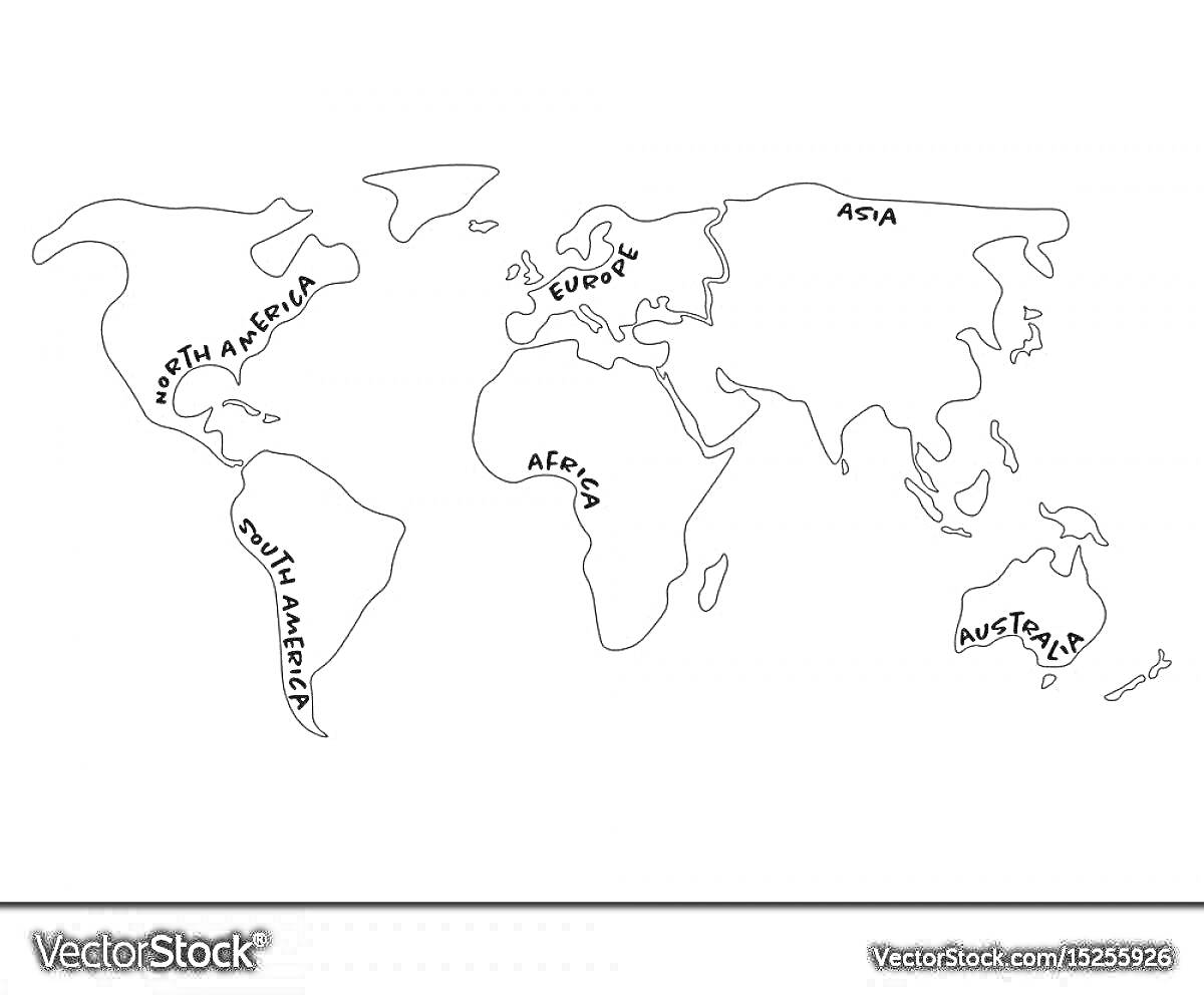 Раскраска Контурная карта мира с подписями материков (Европа, Азия, Африка, Австралия, Южная Америка, Северная Америка, Антарктида)
