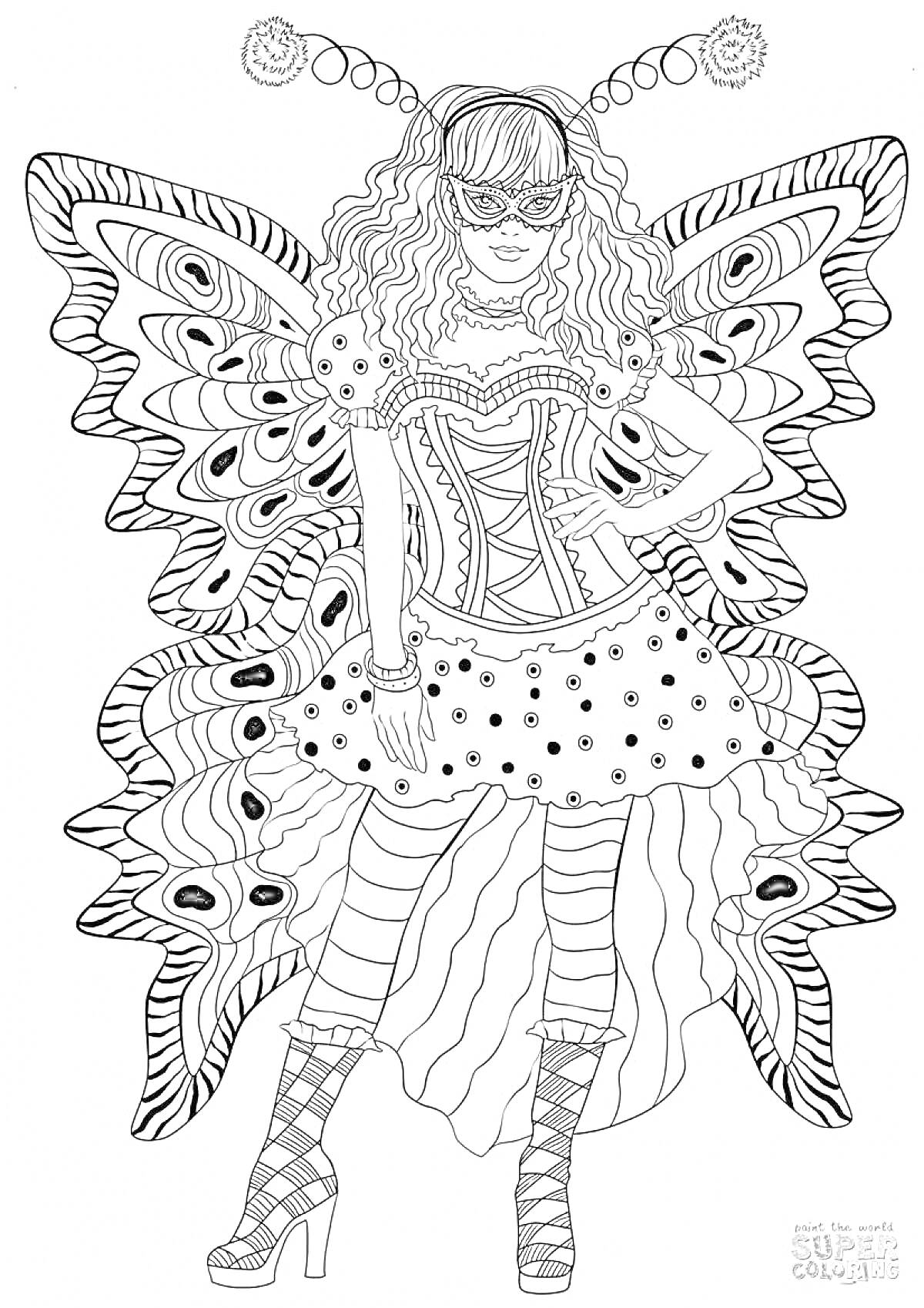 Раскраска Девушка в карнавальном костюме с крыльями бабочки, корсетом, юбкой в горошек, маской и полосатыми чулками
