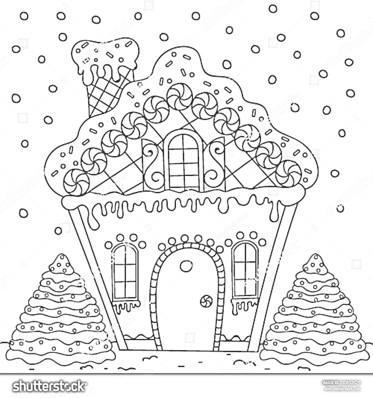 На раскраске изображено: Ледяная избушка, Снег, Рождество, Зимняя сказка, Вафельный рожок, Льдинки