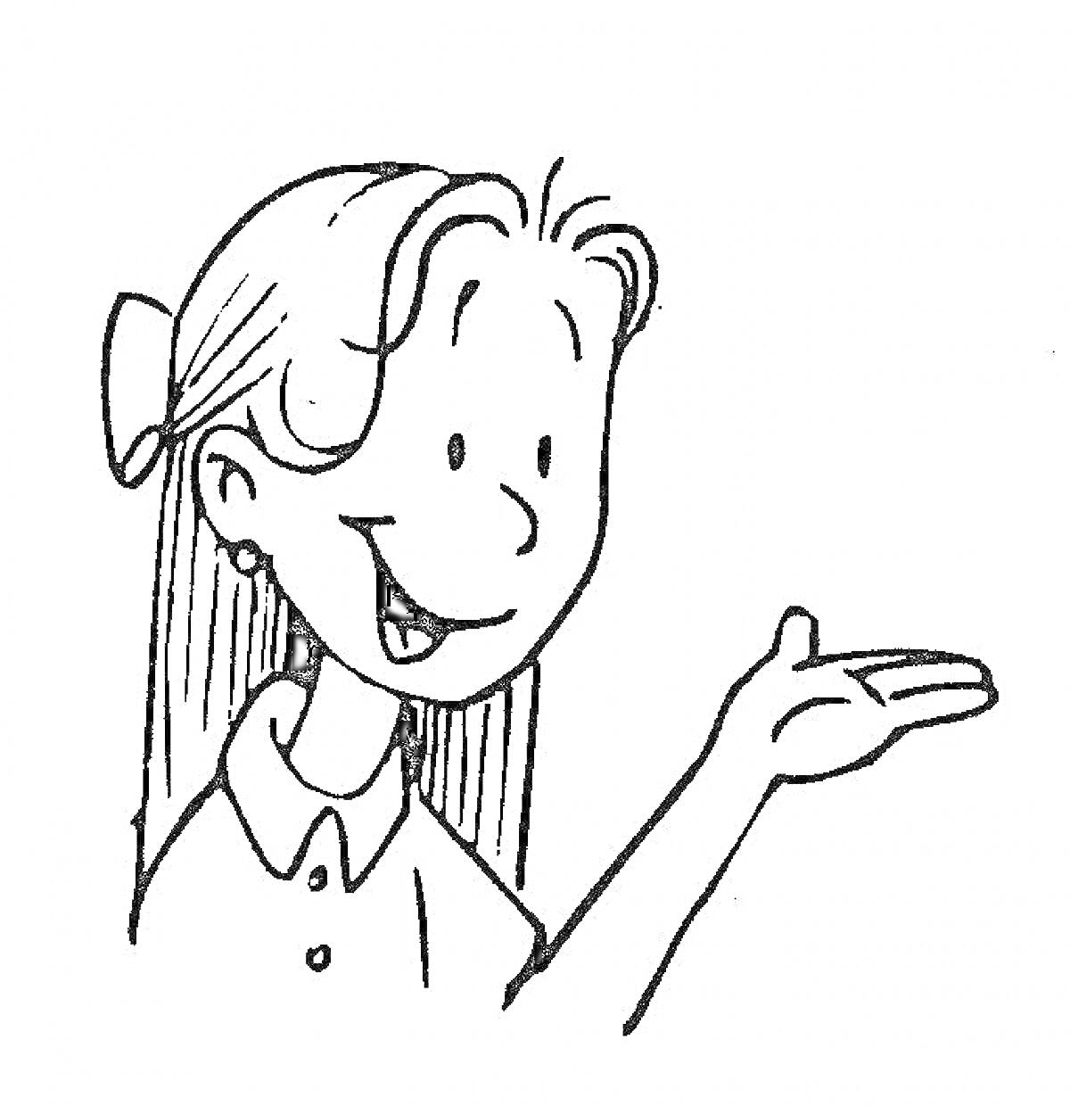 На раскраске изображено: Девочка, Волосы, Бант, Поднятые руки, Рубашки, Улыбка