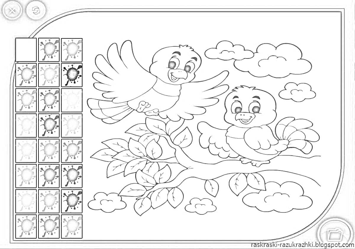 Раскраска Две веселые птицы на ветке дерева с листвой среди облаков