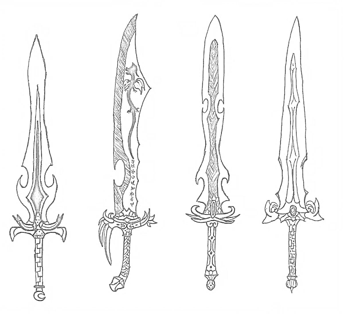 Раскраска Четыре меча с декоративными элементами и резными рукоятками