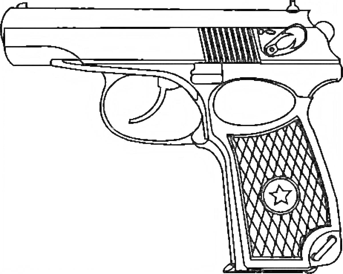 На раскраске изображено: Оружие, Пистолет, Рукоятка, Спусковой крючок, Затвор, Контурные рисунки