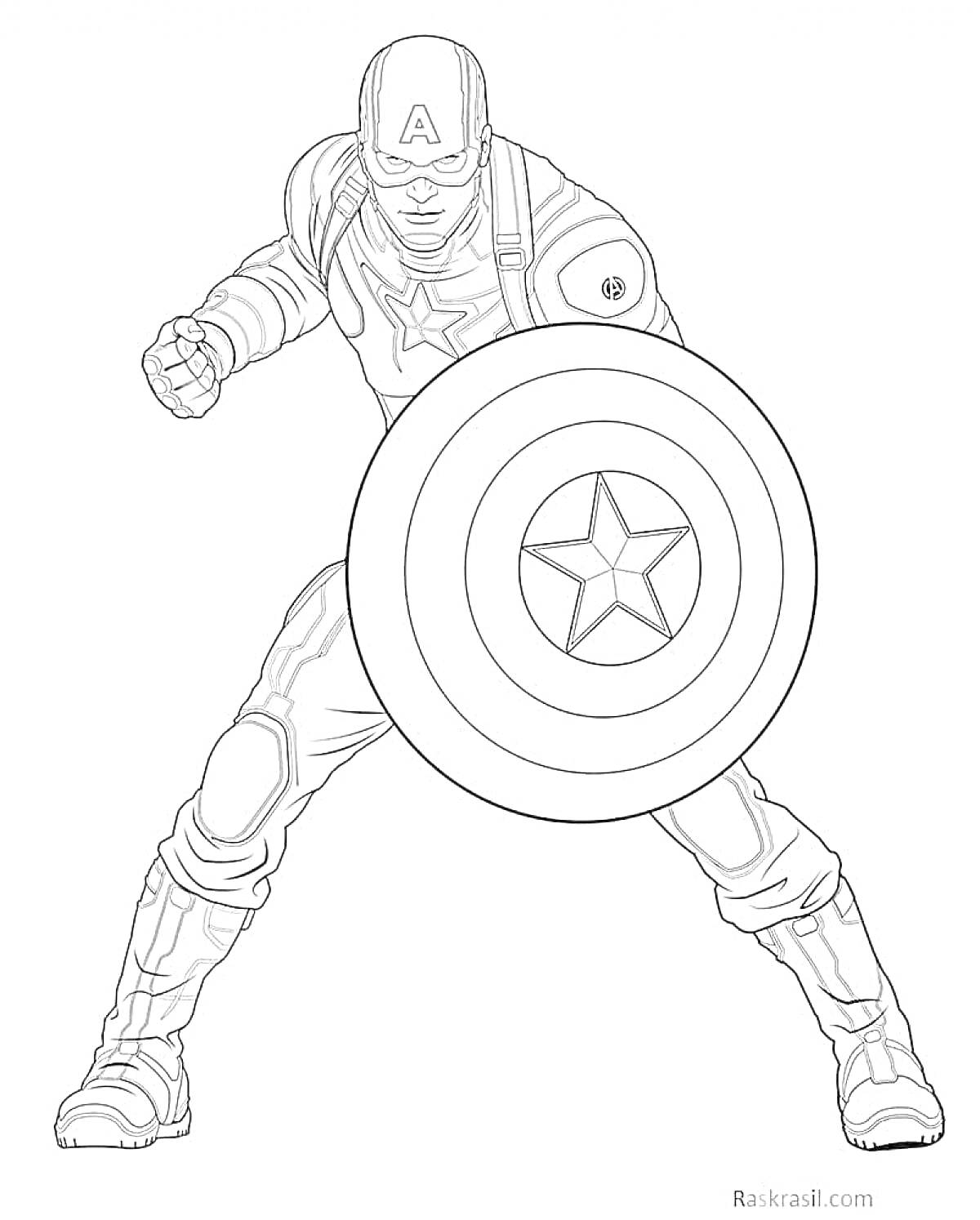 На раскраске изображено: Капитан америка, Мстители, Щит, Боевой стойка, Марвел, Звезды, Комиксы, Супергерои
