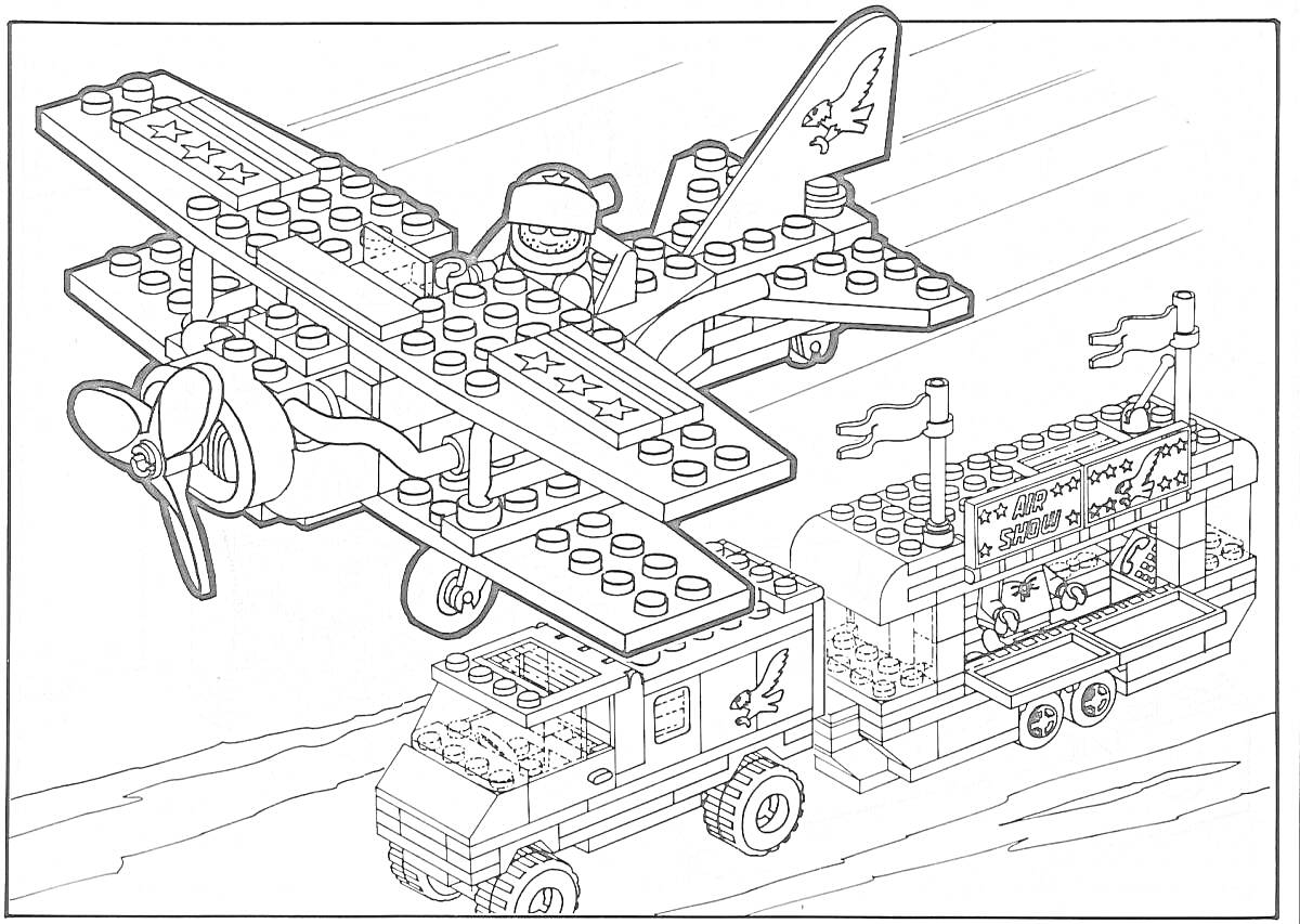 Раскраска Лего-самолет с пропеллером, грузовик и сцена с микрофонами и флагами
