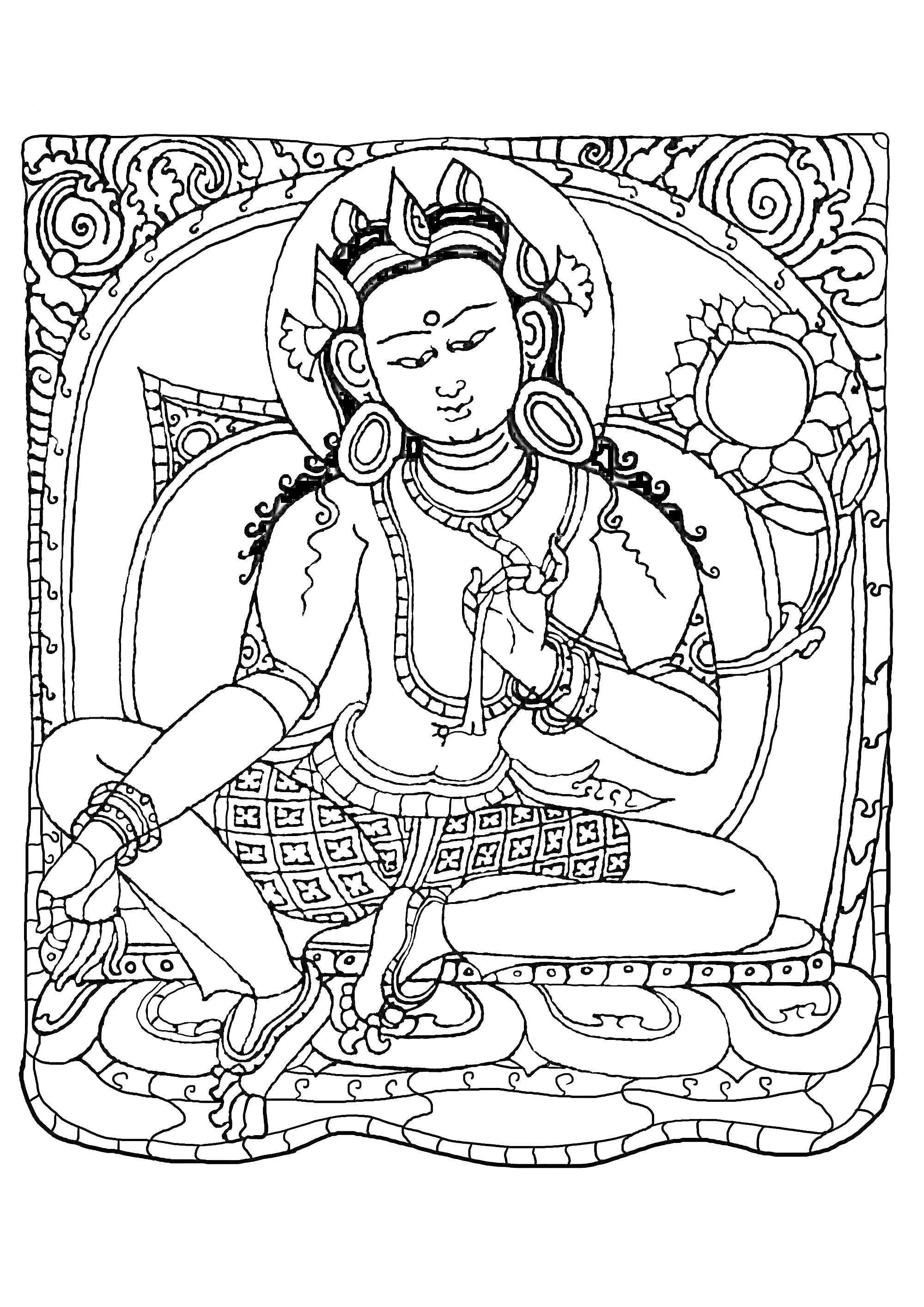 Раскраска Медитирующий человек с короной и цветком лотоса на фоне орнаментального узора
