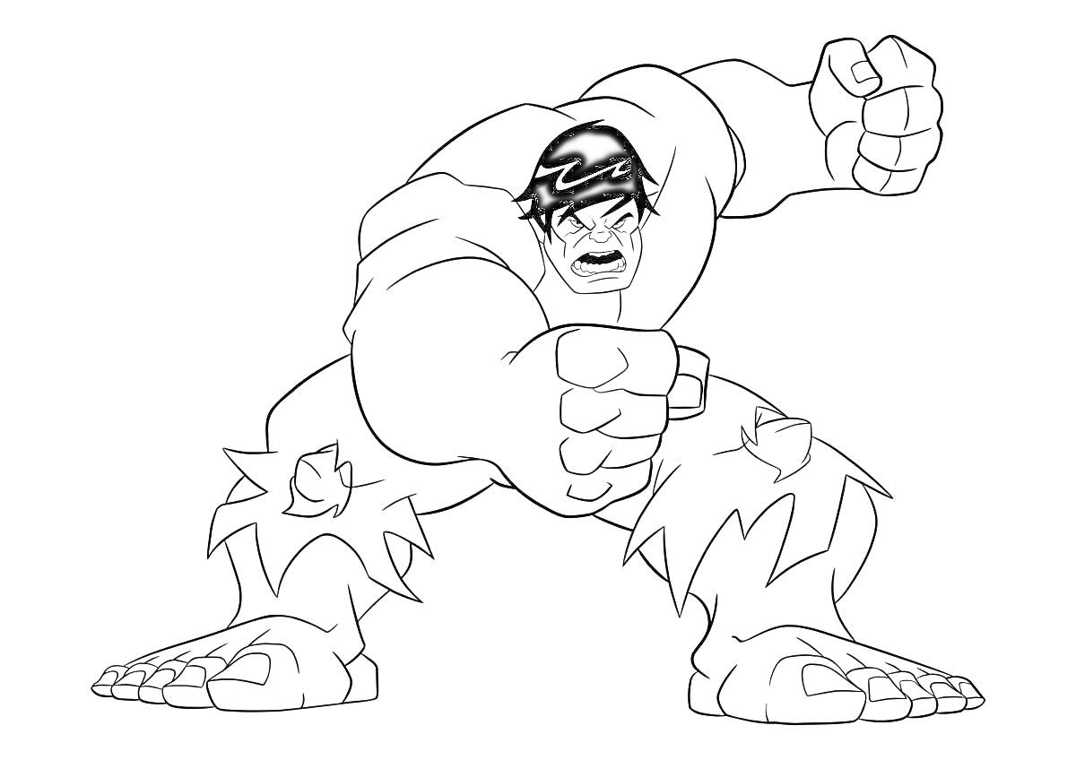 На раскраске изображено: Халк, Супергерои, Марвел, Для детей, Комиксы, Сила, Ярость, Сжатые кулаки