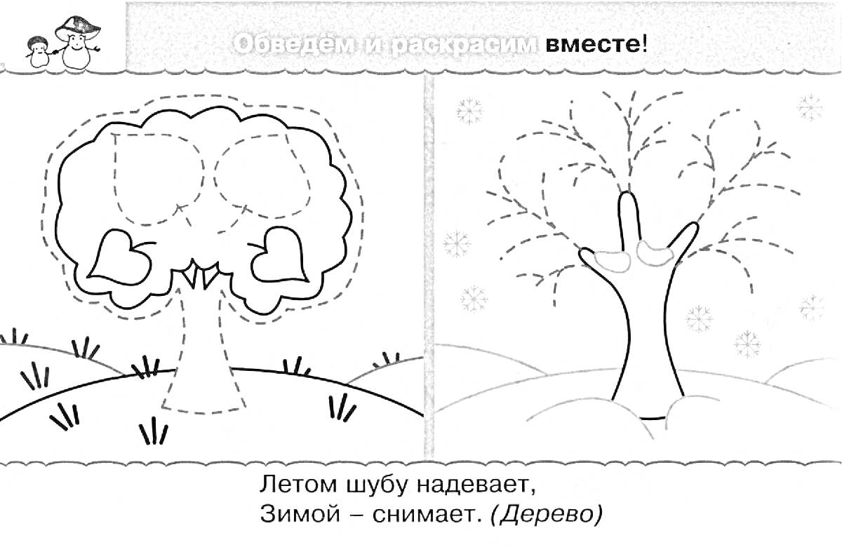 Раскраска Дерево летом и зимой, трава, цветы, снег, листья