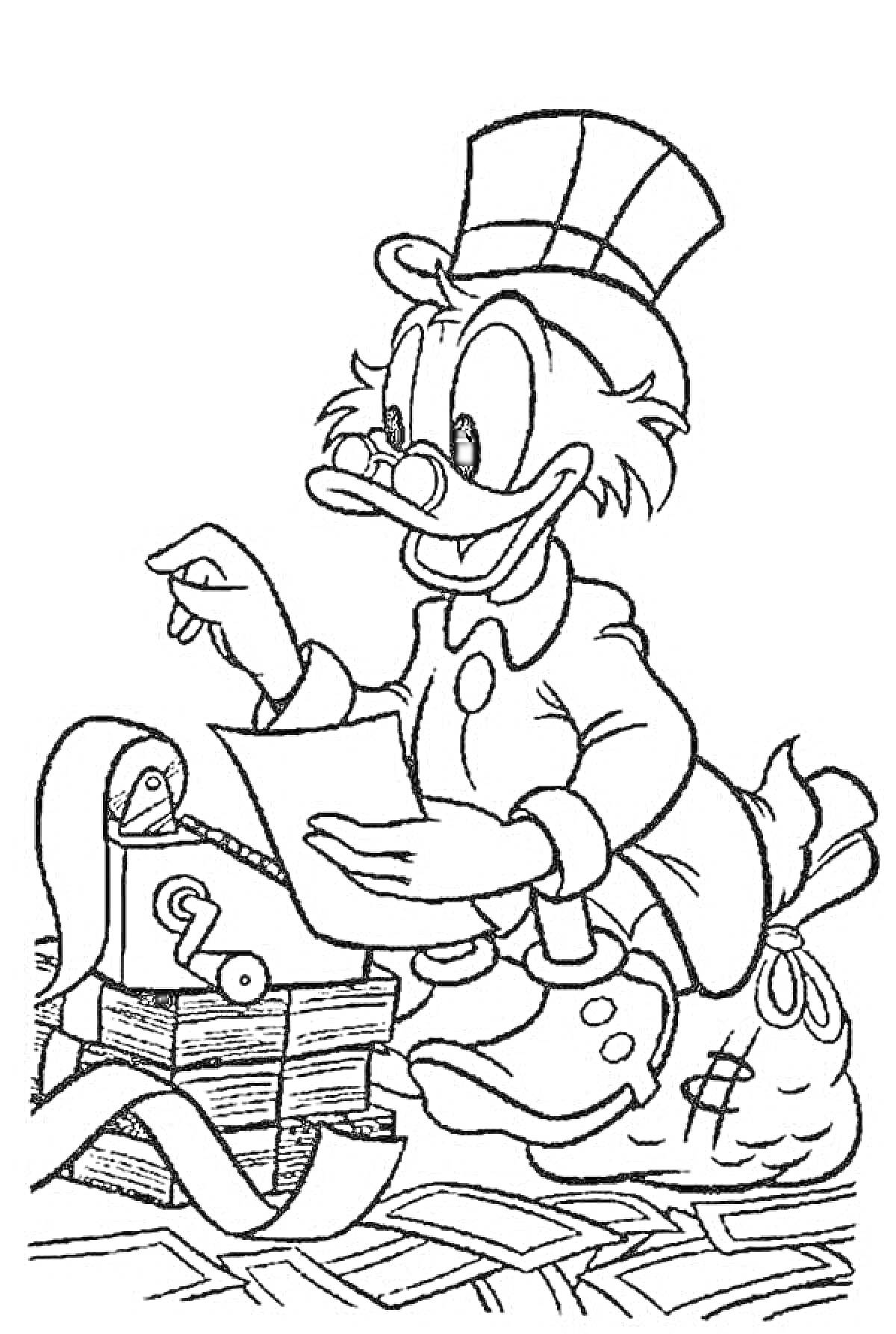 Раскраска Скрудж Макдак читает бумаги рядом с печатной машинкой, мешком денег и стопкой книг