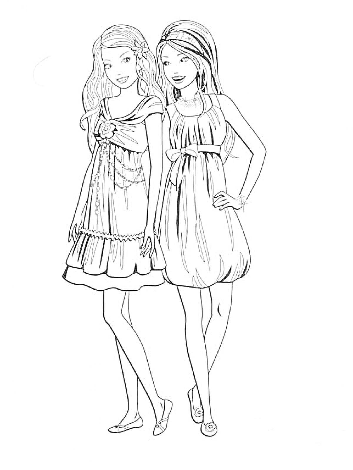 Раскраска Две подруги Барби в летних платьях