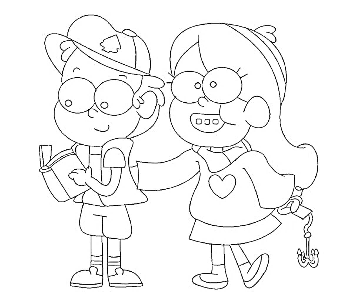 Раскраска Два ребёнка стоят рядом, один мальчик в кепке с сосной и с книжкой, девочка в свитере с сердцем и в юбке, держащая в руках игрушку (пороёнка)