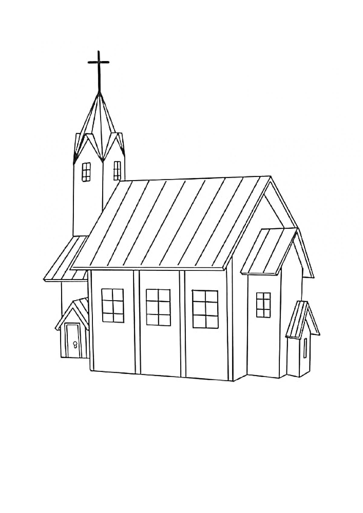На раскраске изображено: Храм, Церковь, Крест, Крыша, Окна, Христианство, Дверь