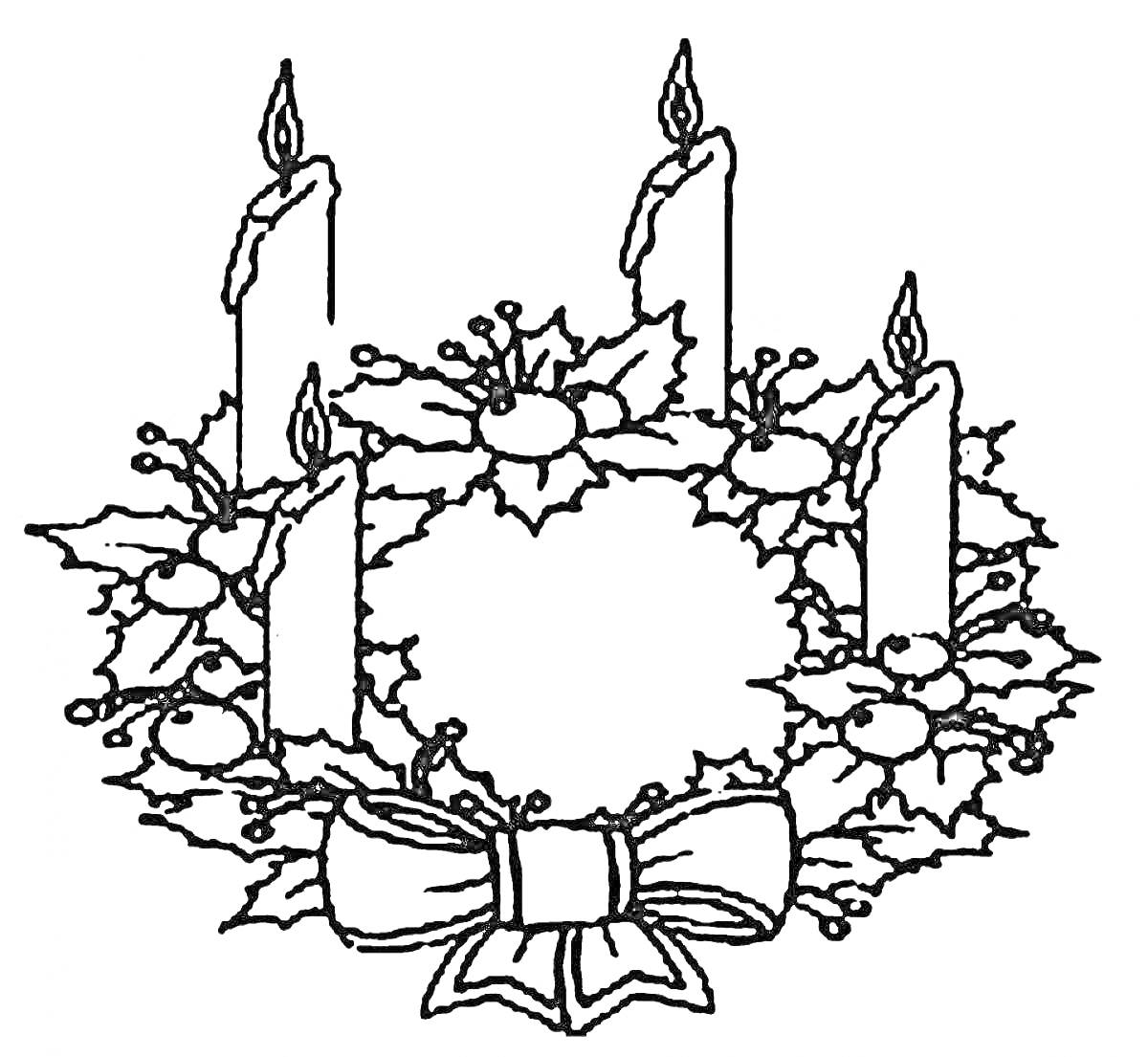 Раскраска Рождественский венок с четырьмя свечами, ягодами, листьями и бантом
