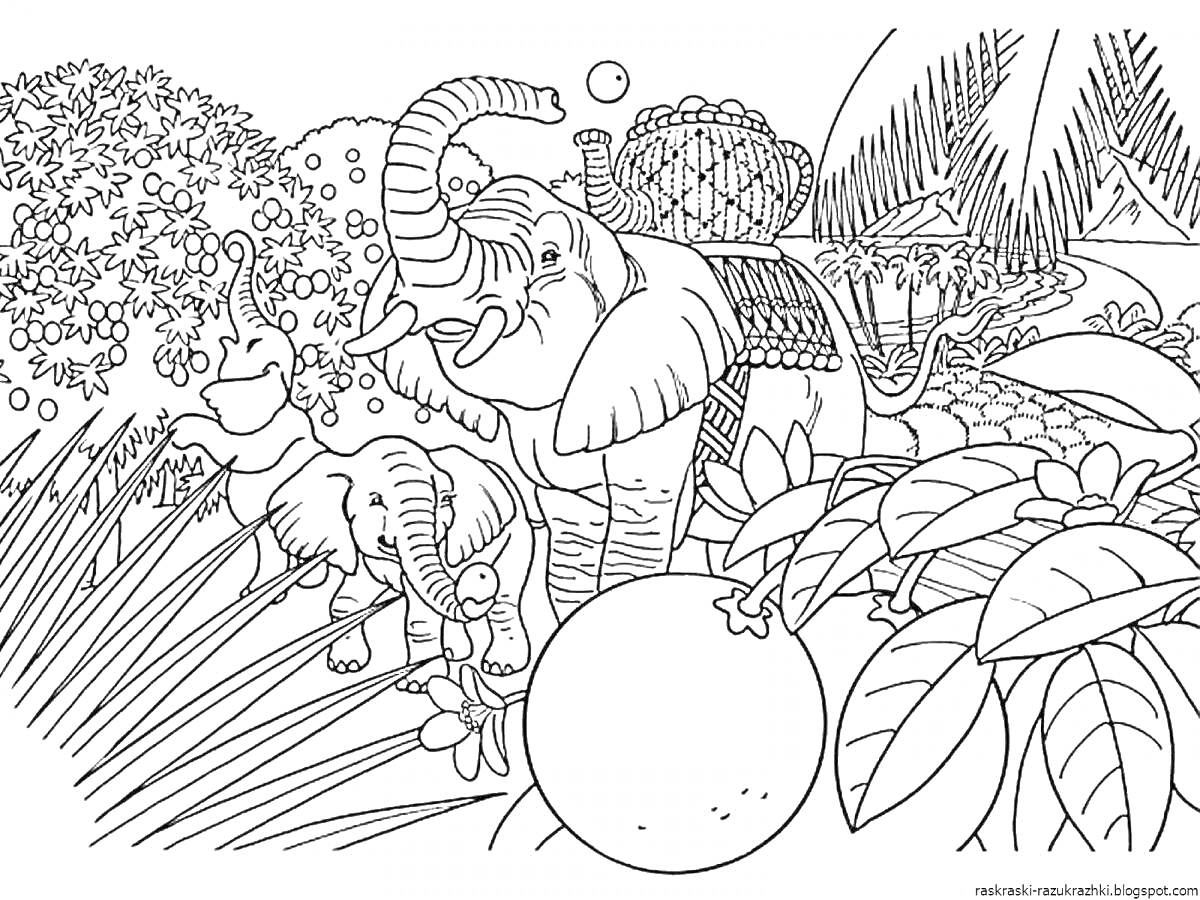 Раскраска Африканская саванна с двумя слонами и растительностью