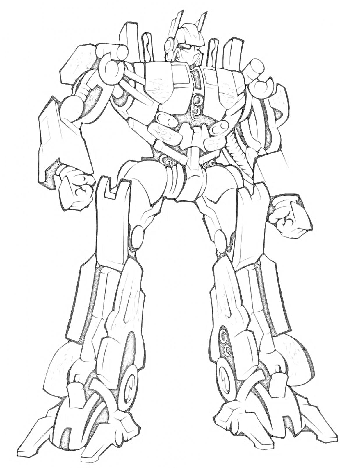 На раскраске изображено: Робот, Оптимус Прайм, Большие руки, Броня, Трансформеры