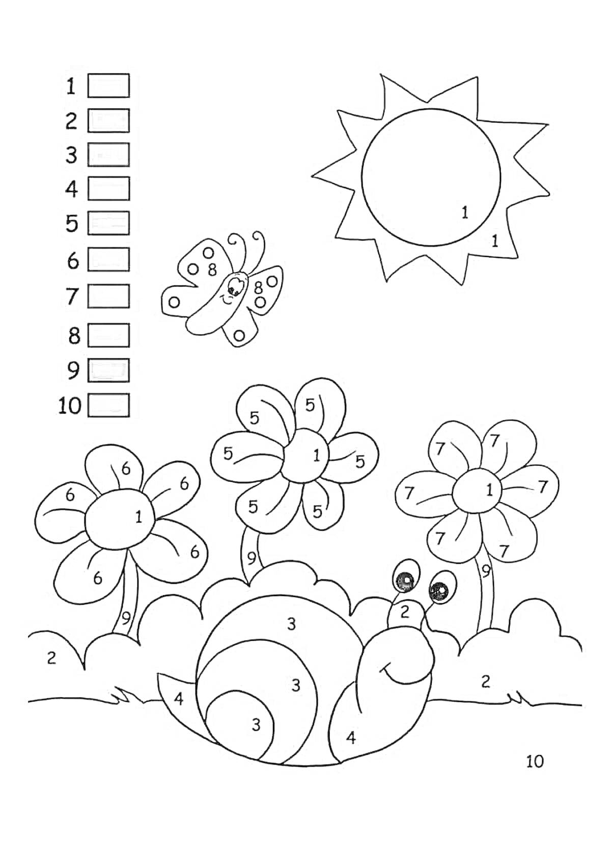 На раскраске изображено: Улитка, Цветы, Бабочка, Солнце, Природа