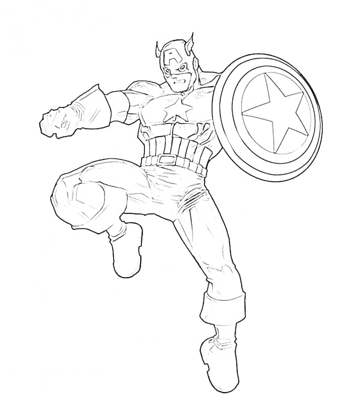 На раскраске изображено: Капитан америка, Мстители, Щит, Комиксы, Марвел, Прыжки, Супергерои