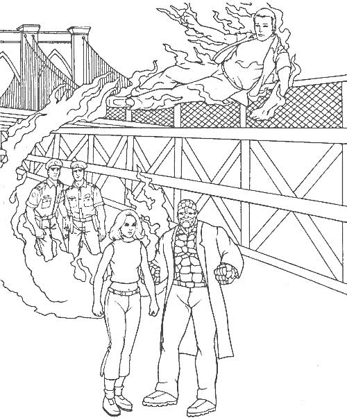 Раскраска Фантастическая четверка на мосту: Человек-Факел летит, Человек-Невидимка, Существо с каменной кожей и огонь позади