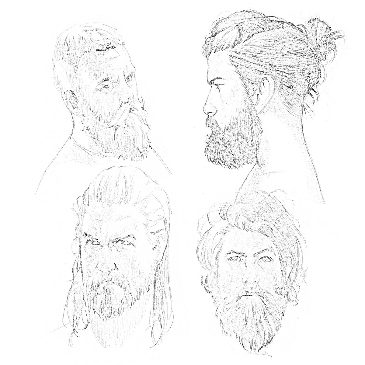 Раскраска Четыре мужчины с бородой, разными прическами и типами волос