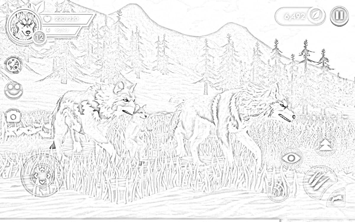 Раскраска Два волка в лесу на фоне гор, с игровым интерфейсом, значки здоровья, опыта, квестов, карты, чата, инвентаря и настройки