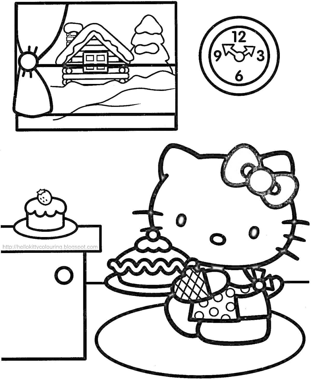 Раскраска Хелло Китти с тортом в руках, в комнате с окном, видом на заснеженный дом, часами и пирожным на столе