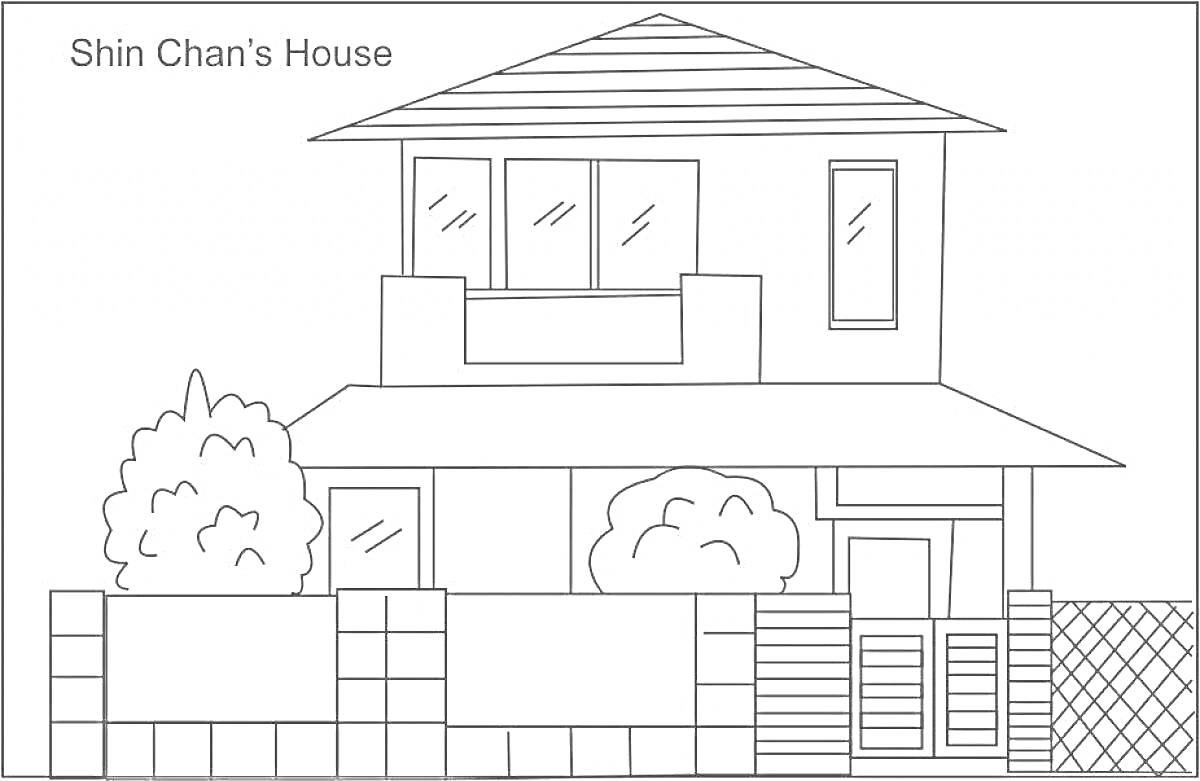 На раскраске изображено: Большой дом, Окна, Забор, Кусты, Деревья, Крыша