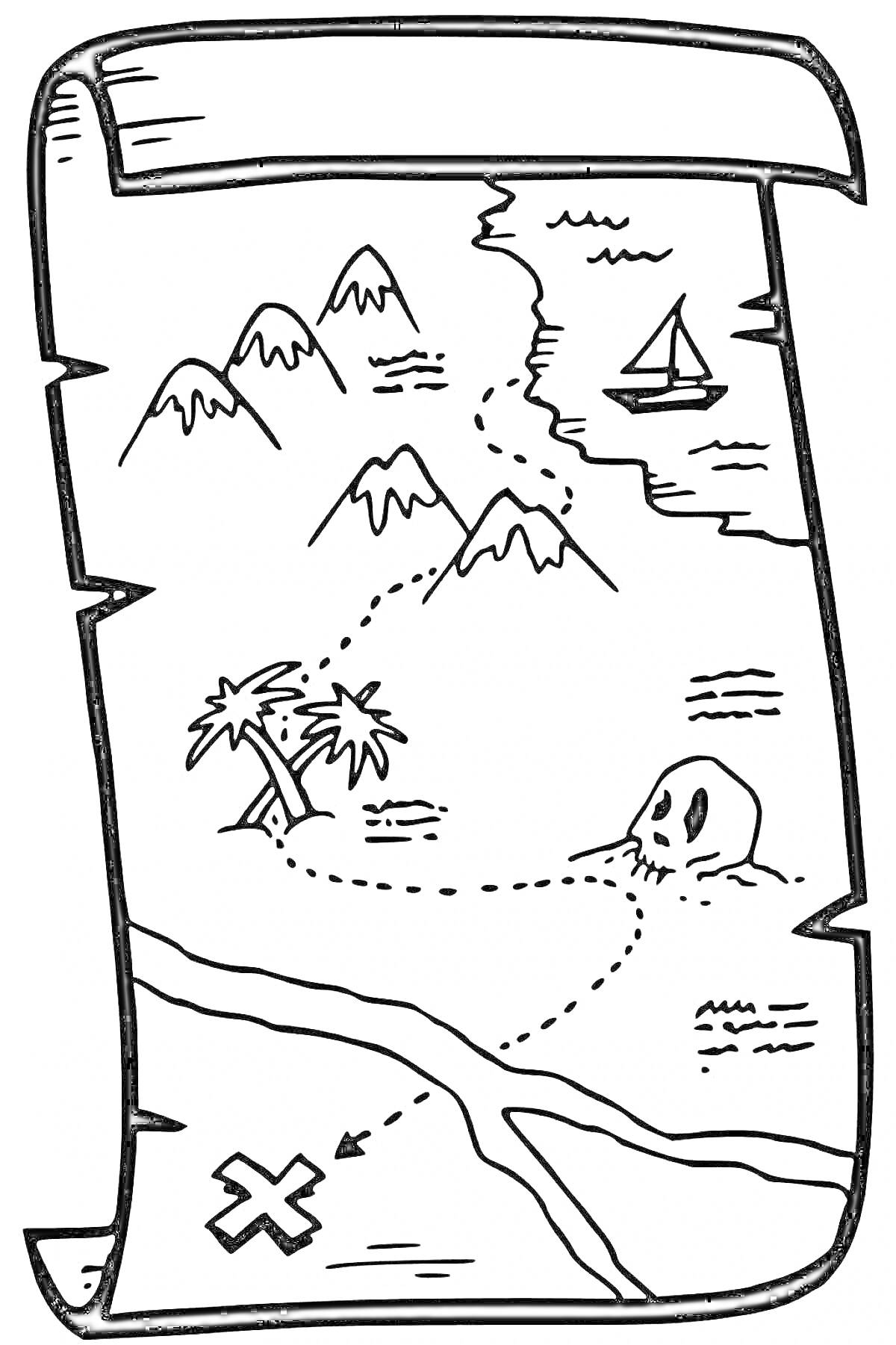 На раскраске изображено: Карта сокровищ, Остров, Пальмы, Череп, Лодка, Море, Горы
