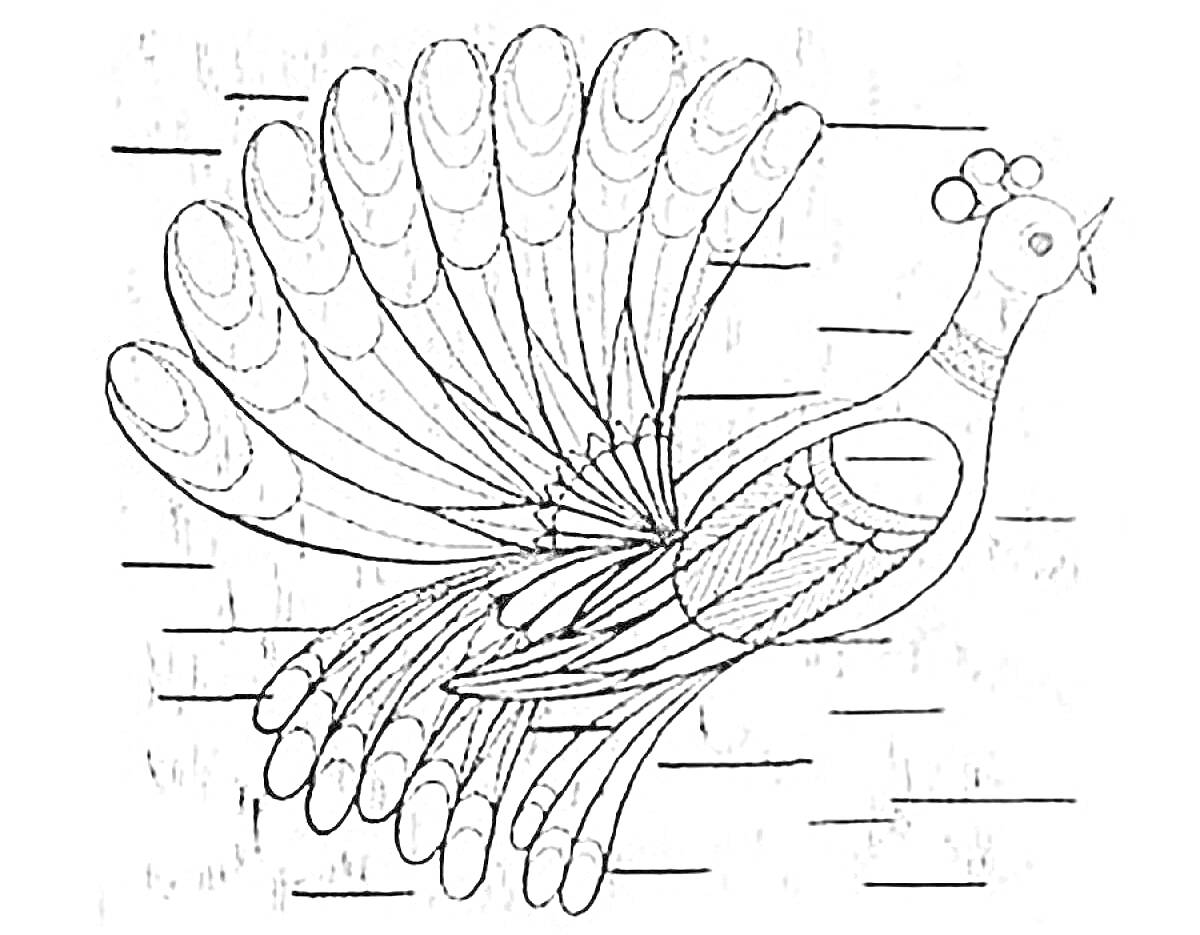 Раскраска Сказочная птица с узорчатыми крыльями на фоне деревянных бревен