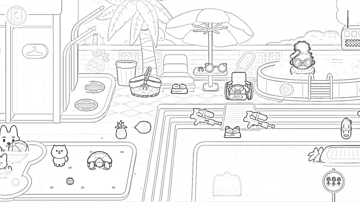 Раскраска Бассейн на крыше. На изображении видно бассейн с лестницей и джакузи, шезлонги, зонтик, пальма, несколько персонажей у воды, игрушки на мокром полу, фрукты на столике и в машине для коктейлестойки, и несколько мелких предметов.