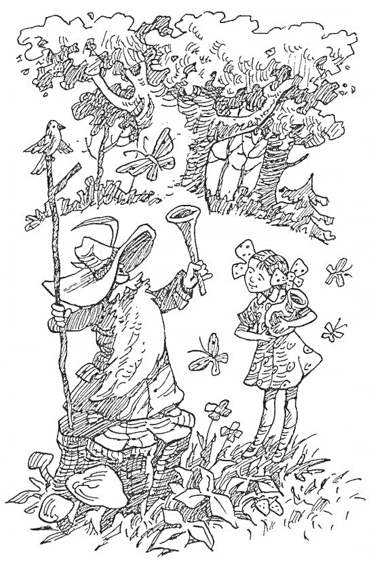 Раскраска старик с дудочкой, девочка с кувшинчиком, лес, деревья, цветы, бабочки