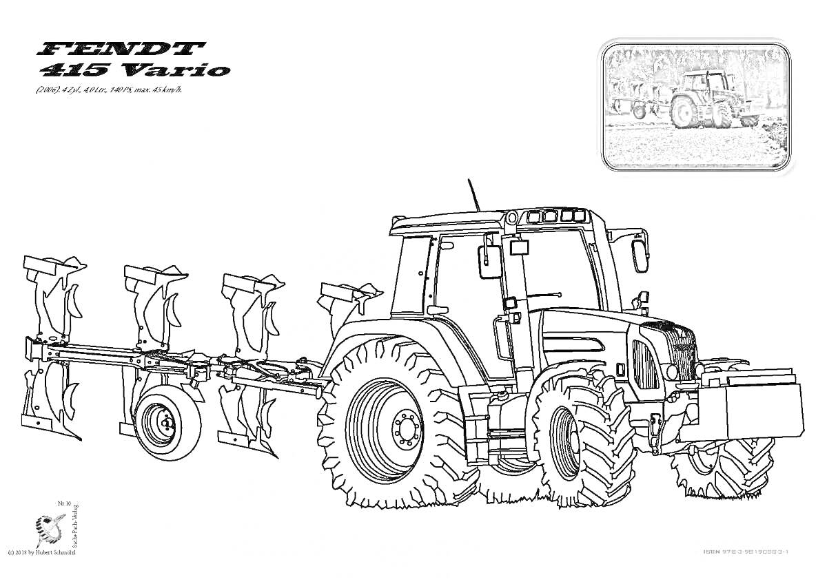 Раскраска Трактор Fendt 415 Vario с плугом на фоне фермы