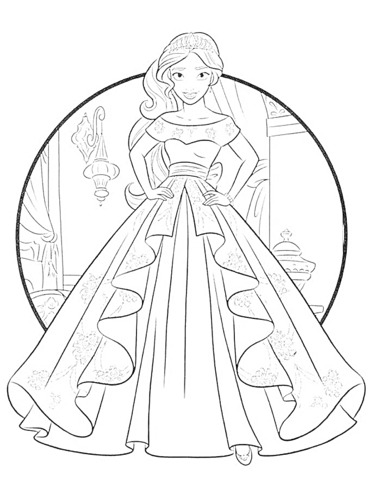 На раскраске изображено: Принцесса, Елена, Дворец, Интерьер, Люстра, Ваза, Одежда