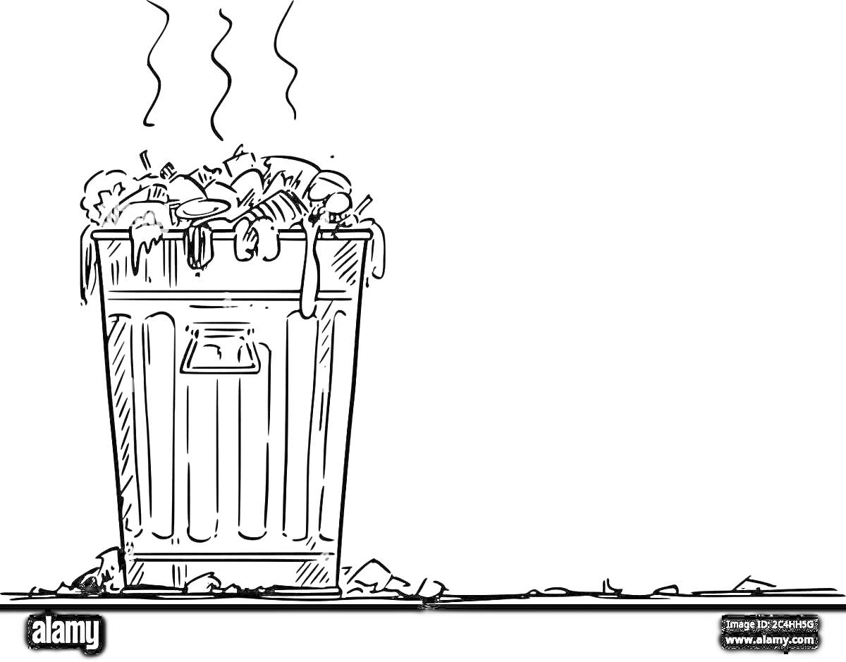 Раскраска переполненное мусорное ведро с отходами и линяющими линиями
