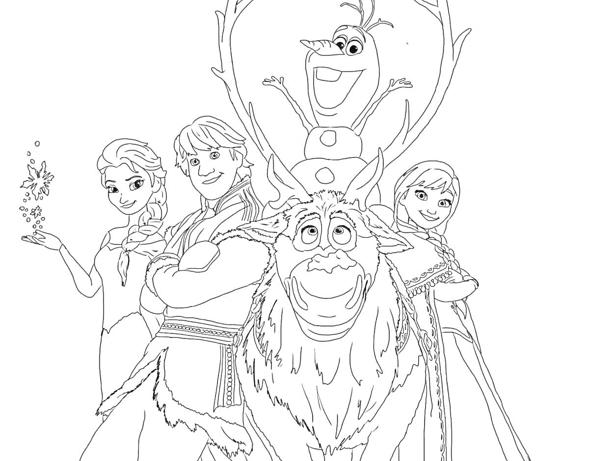 На раскраске изображено: Эльза, Кристофф, Олаф, Свен, Анна, Холодное сердце