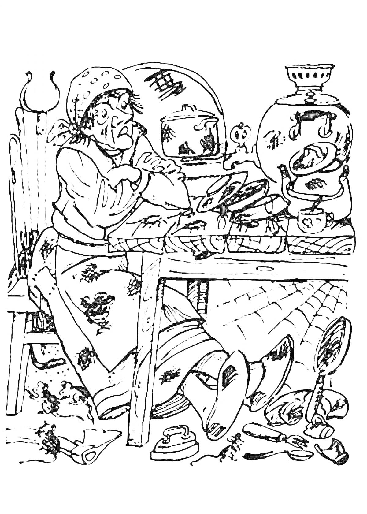 На раскраске изображено: Федорино горе, Самовар, Кухня, Стол, Стул, Грязь