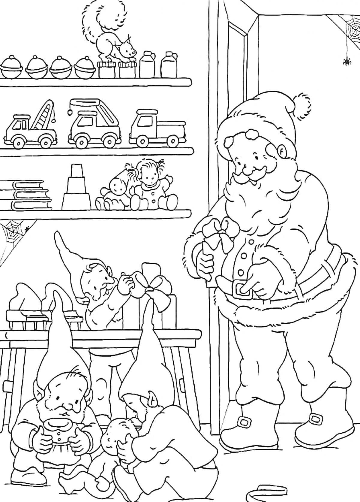 Раскраска Санта-Клаус и эльфы на фабрике игрушек с полками игрушек, подарками, белкой и паутиной
