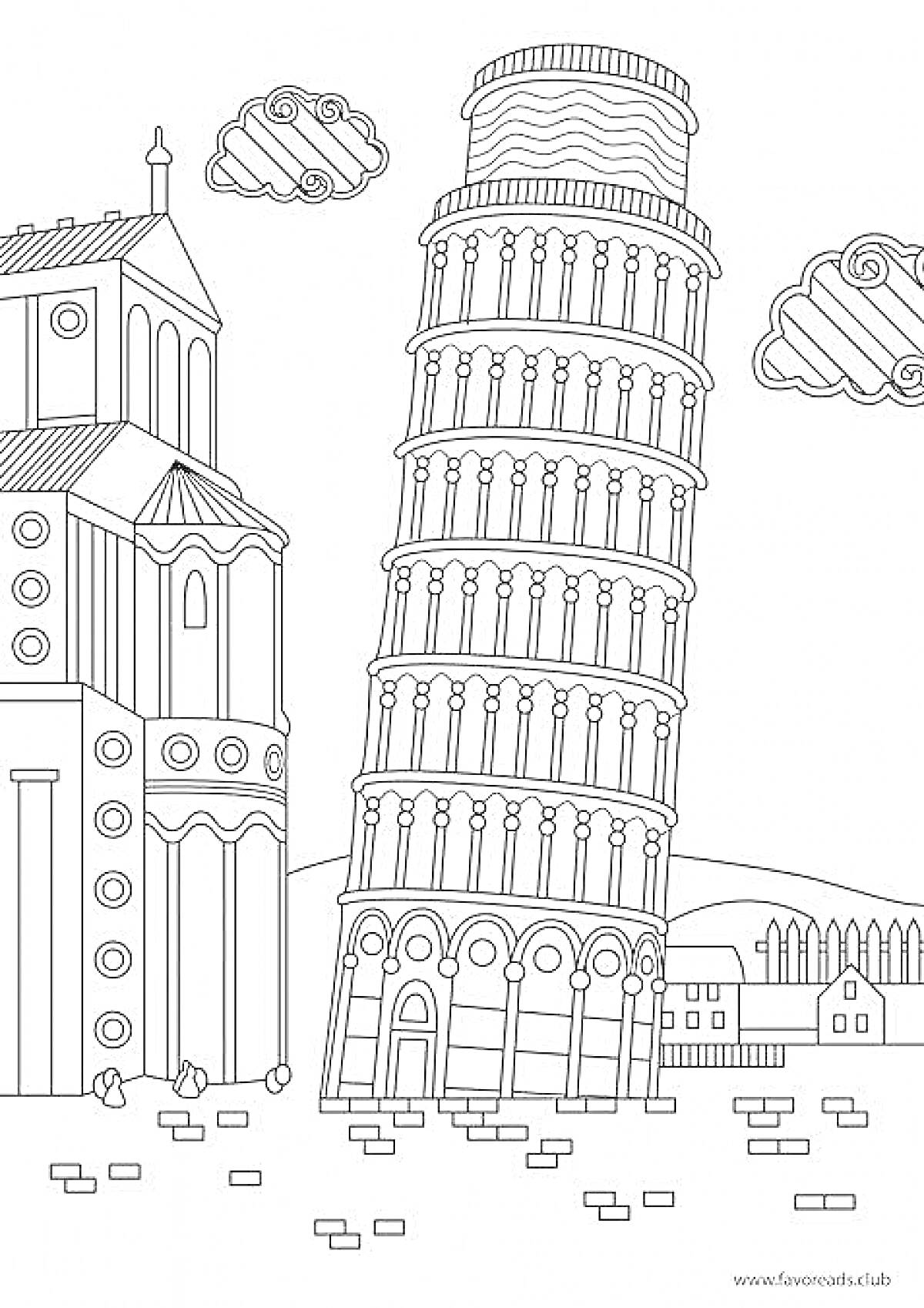 На раскраске изображено: Пизанская башня, Архитектура, Здания, Облака, Камни, Италия, Историческое место