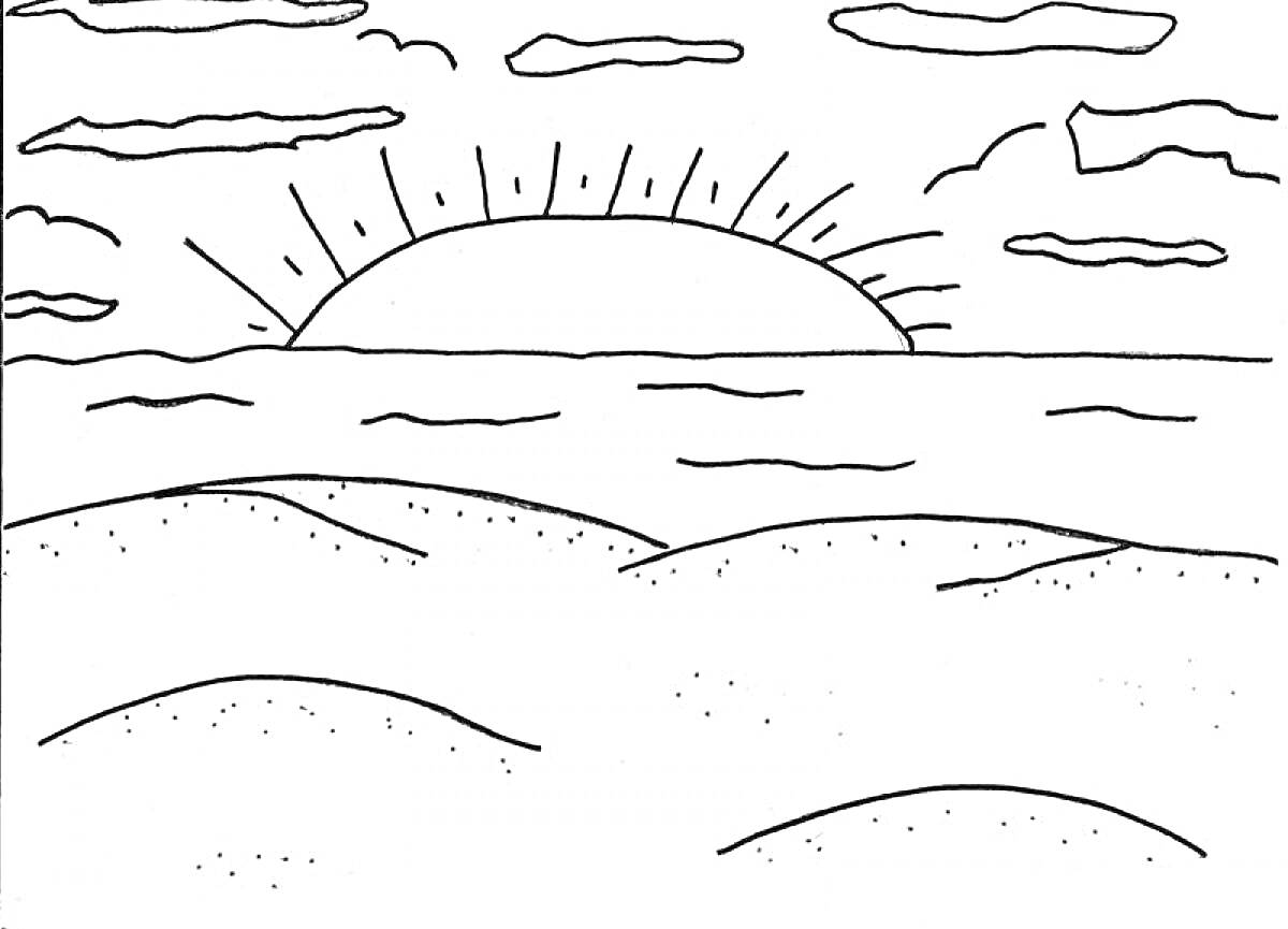 На раскраске изображено: Пляж, Закат, Песок, Небо, Облака, Море, Солнце