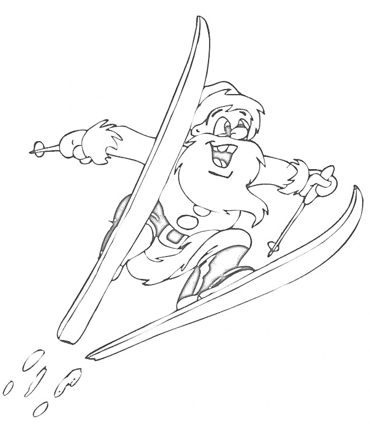 На раскраске изображено: Лыжи, Палки, Смех, Движение, Зима, Снег, Снежинки, Санта Клаус