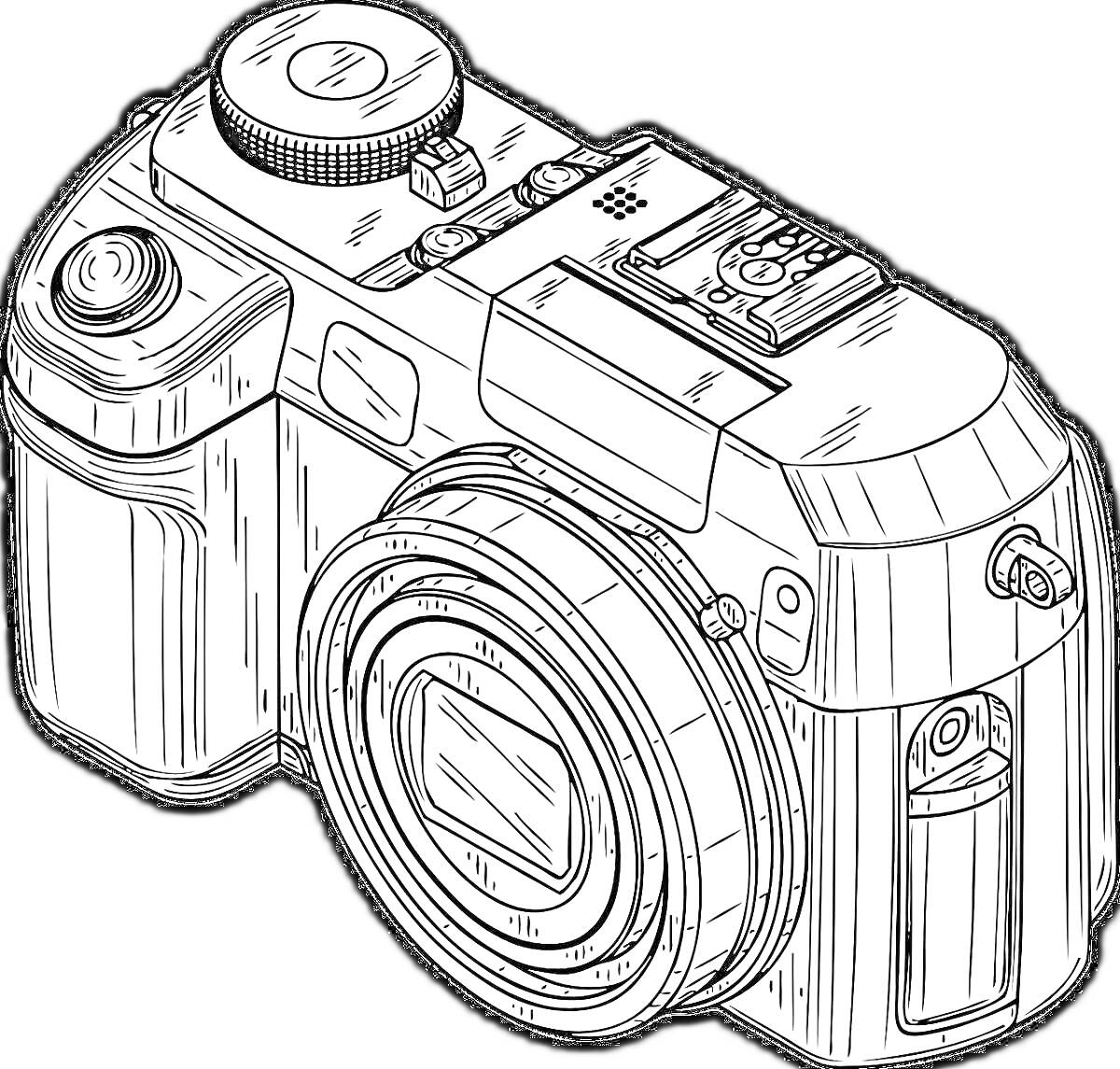 Раскраска Фотоаппарат с объективом и элементами управления (кнопки, диск, крепление для вспышки)