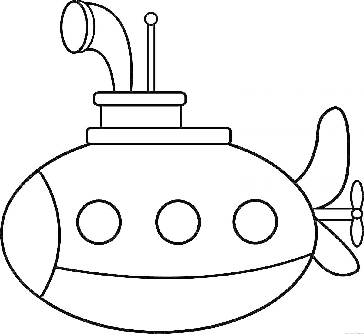 На раскраске изображено: Батискаф, Подводная лодка, Иллюминаторы, Перископ, Подводное исследование