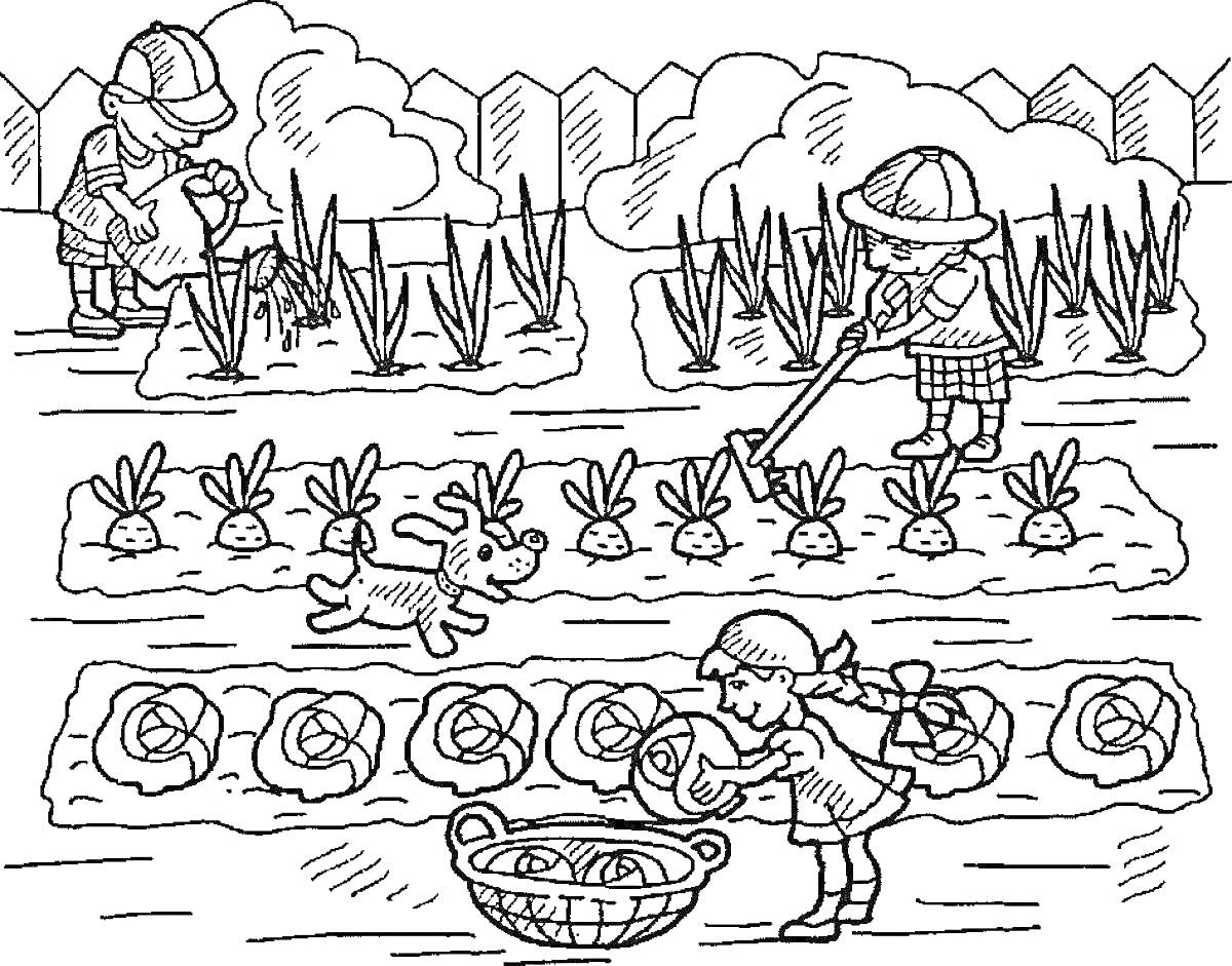 Дети работают в саду: поливают растения, вскапывают землю, собирают капусту, собака бегает среди грядок, забор и кусты на заднем плане