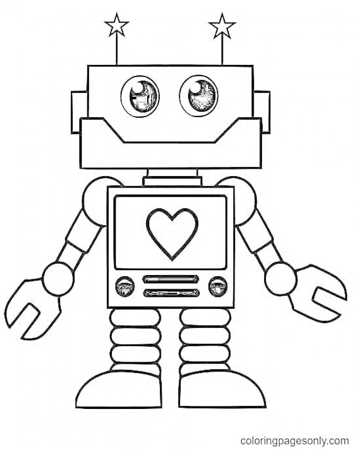 На раскраске изображено: Робот, Звезды, Глаза, Круги, Гаечные ключи, Ноги, Шестерни, Антенны