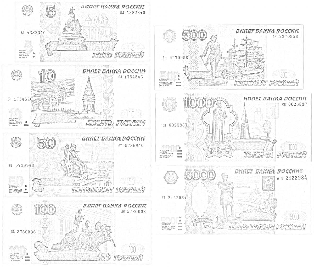 На раскраске изображено: Деньги, Рубли, История, Россия, 5 рублей, 10 рублей, 50 рублей, 100 рублей, 500 рублей, 1000 рублей, 5000 рублей