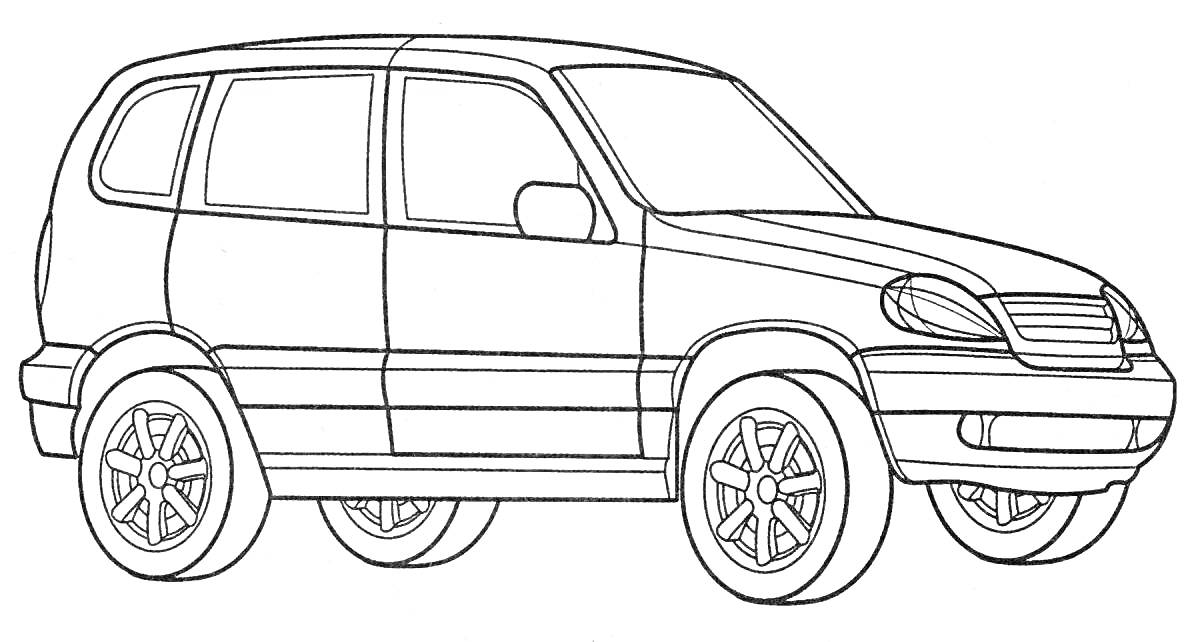 Раскраска автомобиль Нива с четырьмя дверями и четырьмя колесами