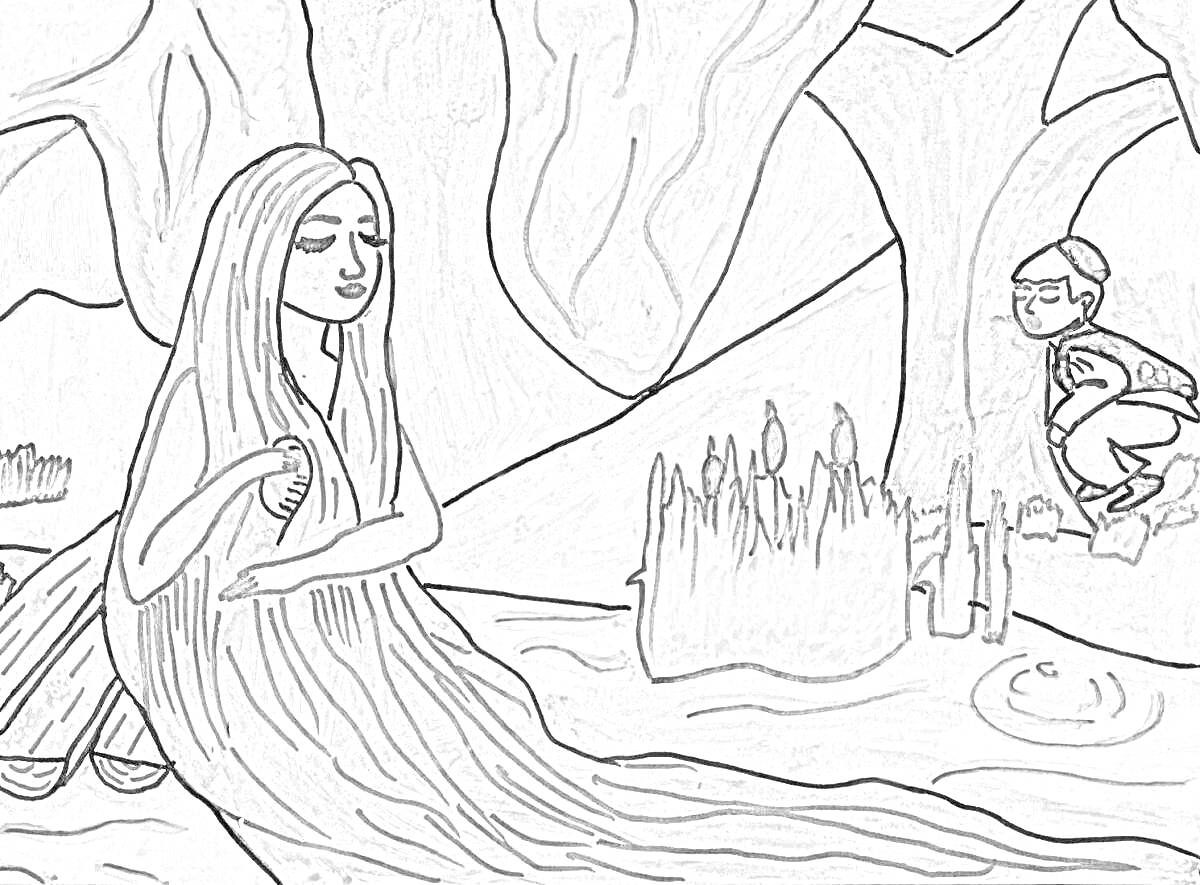 На раскраске изображено: Лес, Вода, Длинные волосы, Гребень, Малыш, Фантазия, Мифические существа
