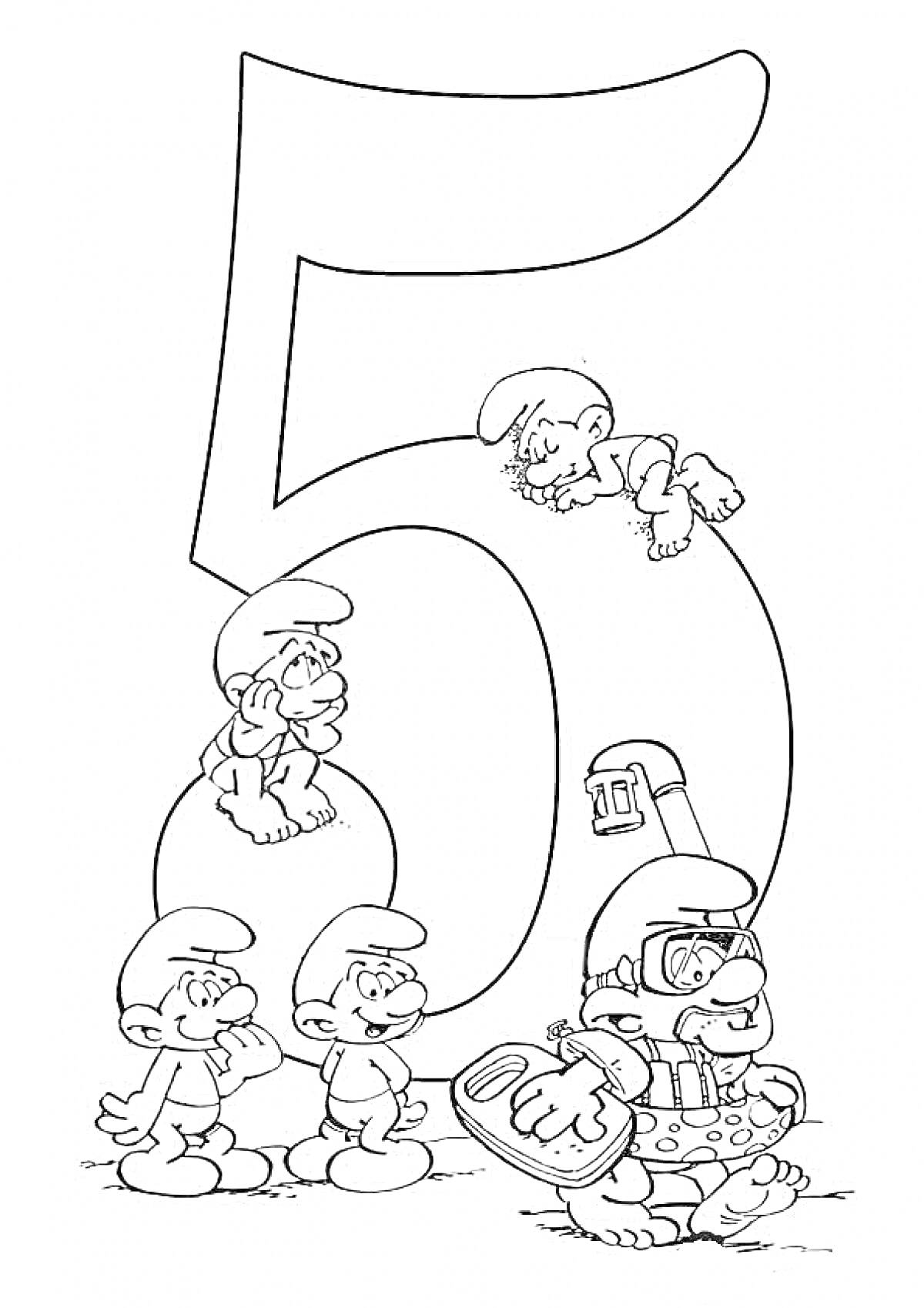 Раскраска Цифра 5 с персонажами в шляпах, один из которых в костюме аквалангиста