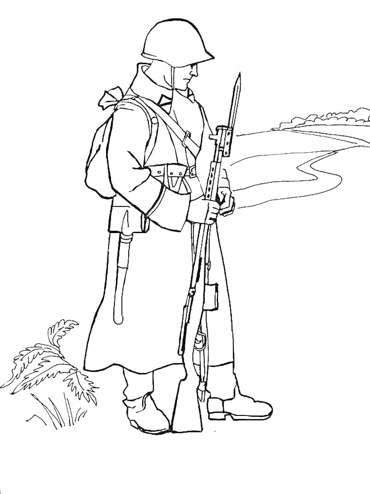 Раскраска Солдат с винтовкой, на фоне природа, куст