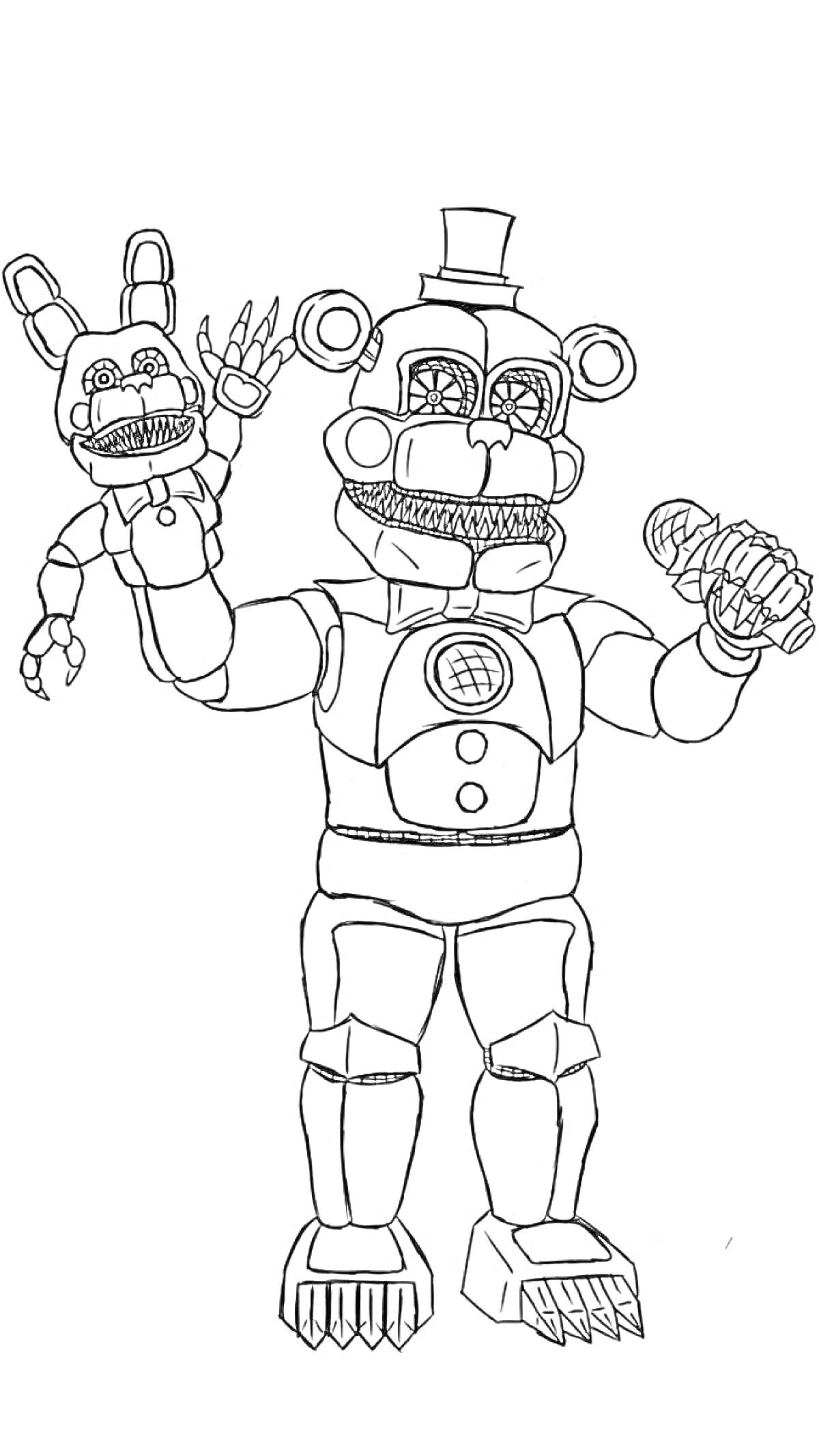 Раскраска Аниматроник с микрофоном и куклой-аниматроником на правой руке
