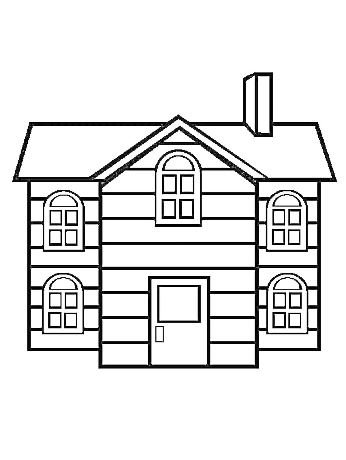 На раскраске изображено: Дом, Окна, Дверь, Крыша, Чердак, Труба, Контурные рисунки